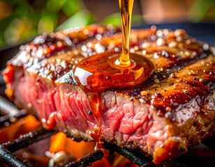 Traditional cuisine meat grill outdoors scene with juicy steak and honey glaze bar-b-q meat grill food smoke grilling