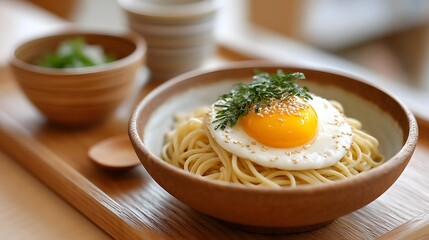 Deliciously Plated Spaghetti Dish with Fried Egg Garnished with Green Herbs and Sesame Seeds