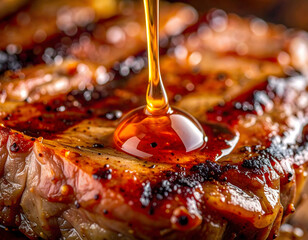 Traditional cuisine meat grill outdoors scene with sauce dripping on juicy steak bar-b-q meat grill food smoke grilling