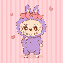 Cute Monster Toy Girl with bow. Romantic Funny kawaii Fluffy Character on Pink Stripe Background. Vector illustration. Kids collection for sticker, mascot and design