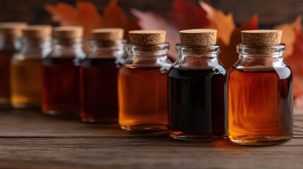 An array of glass bottles filled with different colored liquids displayed against a rustic wooden background, representing variety, collection, and artistic presentation.