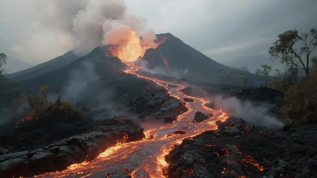 The camera glides low above a glowing lava river as molten rock snakes through the dark volcanic landscape, with smoke and ash rising from both sides of the fiery stream.
