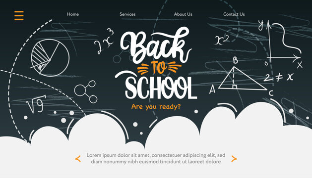 Back to School web banner with mathematical formulas doodles style drawing on black chalkboard. Digital internet tutorials and courses, online education, e-learning. Template for website, landing page