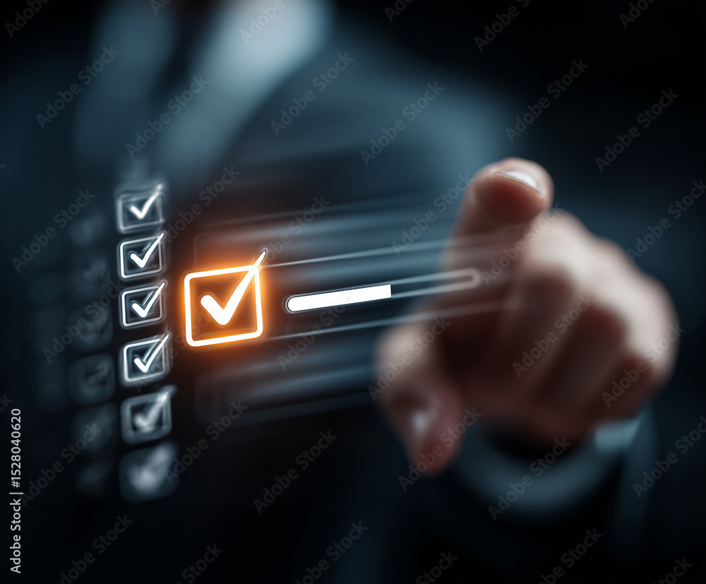 Poster businessman interacts with digital checklist, highlighting progress and completion. image conveys se