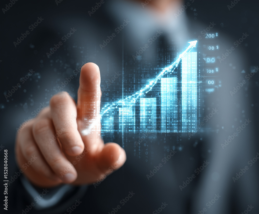 Poster businessman interacting with virtual digital graph, showcasing growth and progress. futuristic inter