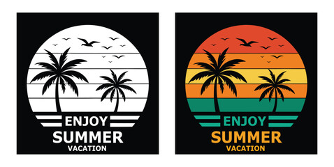 Retro Sunset Beach Palm Tree Summer T-Shirt Design, Tropical Vacation Graphic with Palm Trees and Birds, Vintage Style Summer Holiday Poster with Sunset Art. Enjoy summer vacation vector illustration.