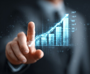 businessman interacting with virtual digital graph, showcasing growth and progress. futuristic interface highlights data and analytics, symbolizing success and innovation
