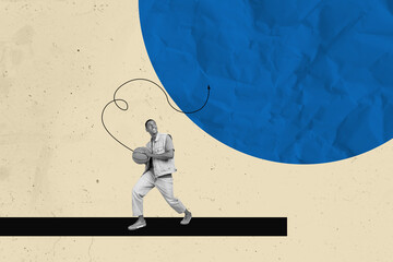 Trend artwork composite 3D photo collage design of young man walk hand hold ball sport training...