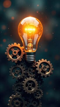 A lightbulb illuminates a complex network of interconnected gears, symbolizing the birth of a brilliant idea and its intricate implementation , network, technology, illumination