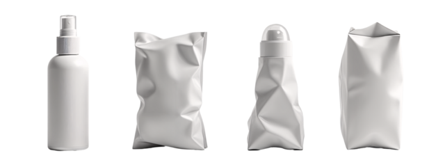 A set of four different views of a white spray bottle.