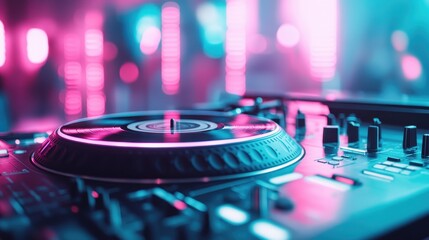 A dynamic view of a turntable in a nightclub setting, illuminated with vivid, colorful lights, symbolizing music, nightlife, and the electrifying energy of a party.