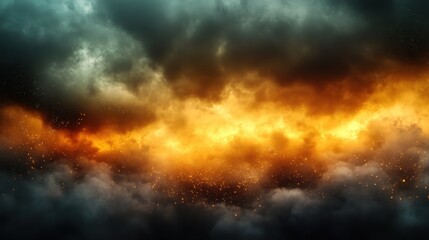 An intense, dramatic depiction of a fiery sky illuminated by warm orange hues amidst dark, billowing clouds creates a visually stunning, emotionally charged atmosphere full of energy.