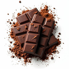 Chocolate Bars Stacked with Cocoa Powder and Chips