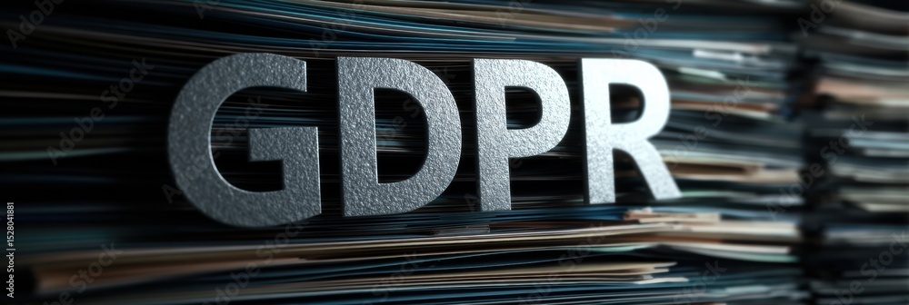 Poster compliance with gdpr regulations highlighted against the backdrop of layered data files in an office