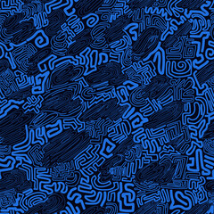 Seamless pattern in blue shades with abstract hand-drawn doodle figures, for decorating prints on fabrics, packaging, for decorating interior textures and scenes in an abstract style