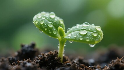 Young seedling sprouting from soil with water droplets, symbolizing growth and renewal