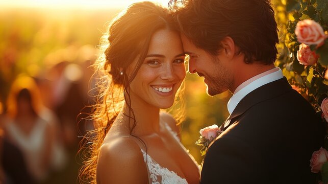 A couple stands closely together in a vineyard, surrounded by blooming roses. They share a warm smile during their wedding celebration as sunlight creates a dreamy golden glow.