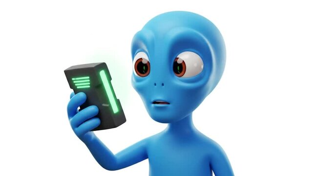 Curious Blue Alien Holding Glowing Sci-Fi Device