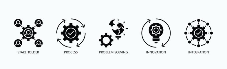 Mastering Business Excellence Icon Set Isolated Vector With Icon Of Stakeholder, Process, Problem Solving, Innovation, Integration In Glyph Style
