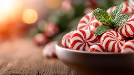 A delightful assortment of peppermint candies arranged in a bowl, evoking festive cheer and the sweet spirit of holiday celebrations with their colorful designs.