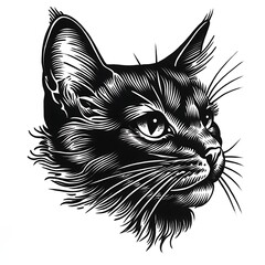 Retro engraved cat head sketch in black and white for animal artwork and vintage vector illustrations