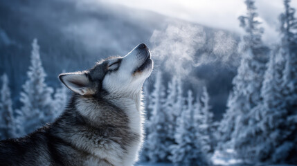 Naklejka premium Howling Husky in a Snowy Landscape with Breath Mist and Frosty Trees Under a Clear Winter Sky