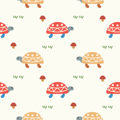Turtle red and yellow cartoon so cute. On  mushrooms grass background. Pattern seamless vector illustration.  