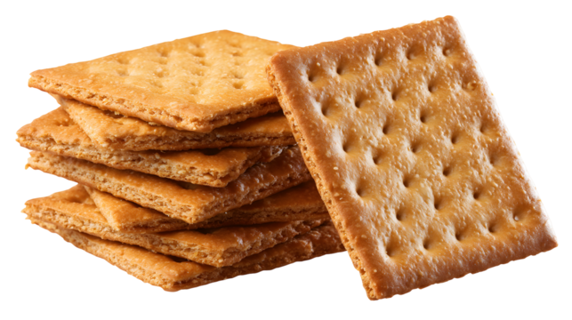 A stack of crackers with a white background. The crackers are golden brown and have a square shape