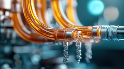 A detailed close-up of high-tech machinery pipes, showcasing intricate designs and bubbles, representing innovation and the complexity of modern technology and engineering.