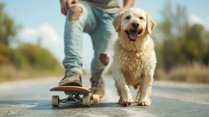 A joyful golden retriever companions its owner, enjoying a sunny outdoor skateboarding adventure, highlighting the bond between pets and their human friends.