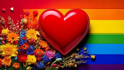 Red heart and flowers celebrating lgbtq+ pride on rainbow background