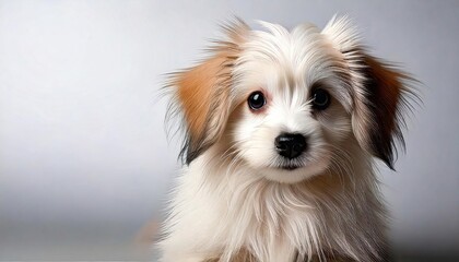 White and brown puppy gazing directly, soft fur highlighting youthful, innocent expression against minimalist gray backdrop