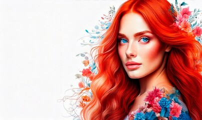 Young woman with flawless complexion, vivid red hair posing amid colorful blooming flowers, radiating beauty and elegance for fashion editorial or cosmetic campaign
