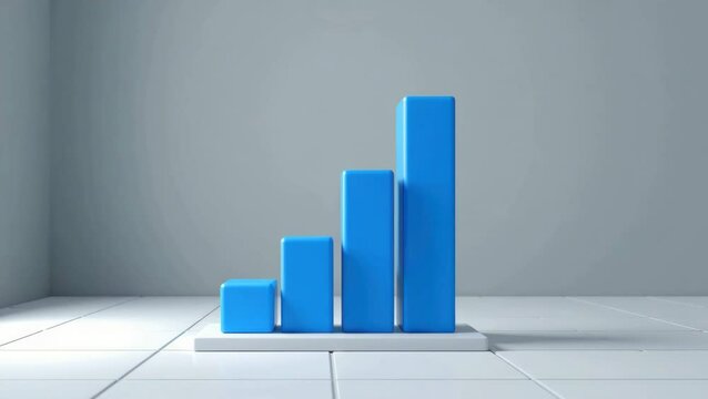 A 3D blue bar chart with four rising columns is displayed on a white tiled floor against a plain grey background.