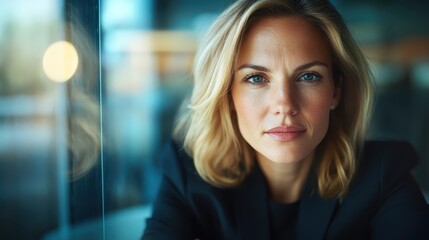 Obraz premium A striking close-up of a confident blonde woman gazing directly into the camera, reflecting determination and poise, emphasizing the beauty of self-assuredness in modern society.