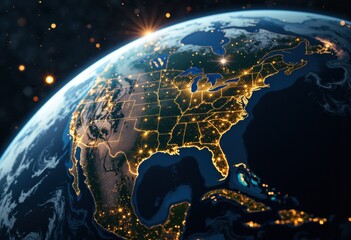 Illuminated Earth from space highlighting North America and surrounding regions