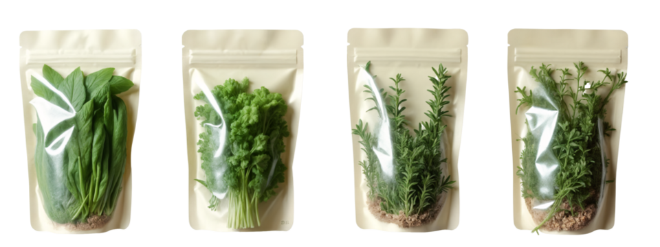 four bags of fresh herbs on a white background
