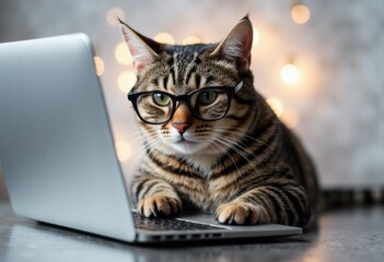 A clever cat wearing glasses works on a laptop with a blurred background