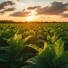 Sunset glow tobacco fields farming land plantation green rows rural agriculture natural beauty landscape image