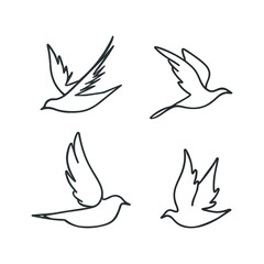 Flying birds set in one continuous line drawing. Doodle outline vector illustration