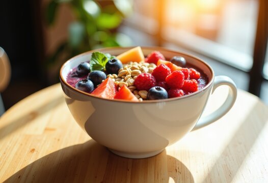 Fresh mixed berry smoothie bowl in a white cup with vibrant fruit toppings on a wooden table