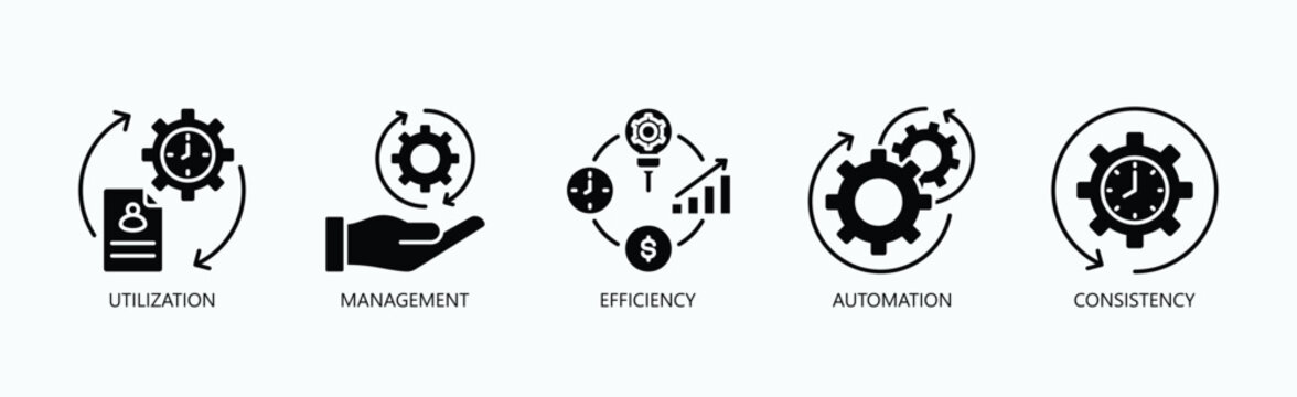 Keys To Operational Excellence Icon Set Isolated Vector With Icon Of Utilization, Management, Efficiency, Automation, Consistency In Glyph Style