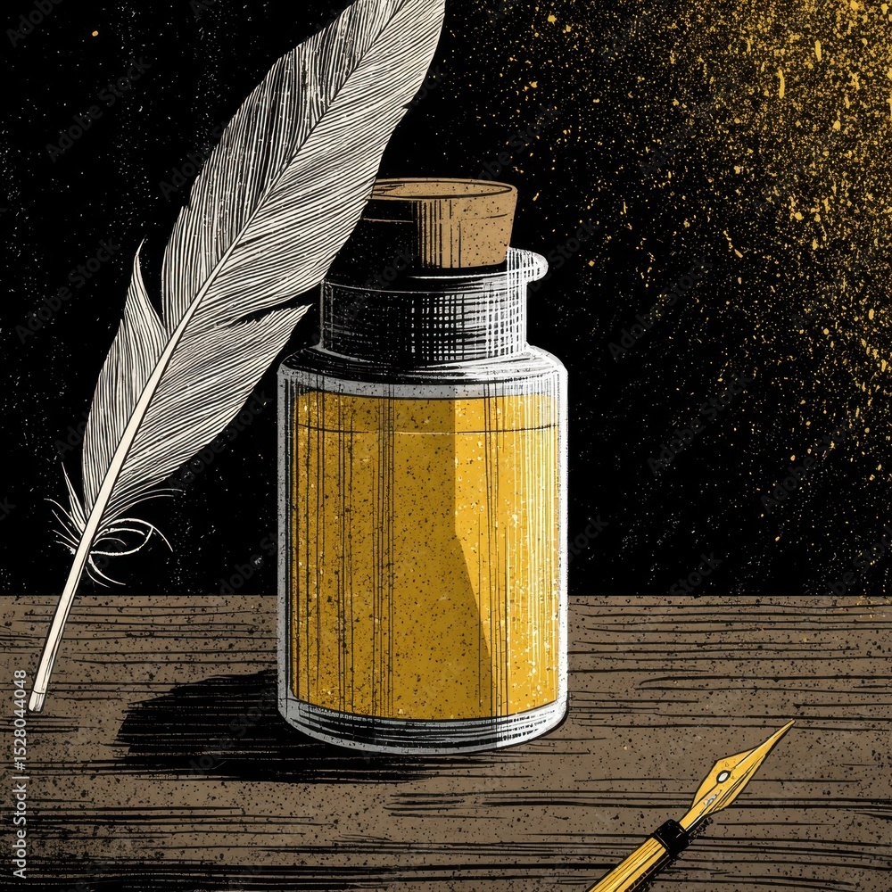 Poster inkwell and quill resting on a rustic surface.