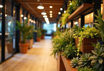Modern indoor space with potted plants and warm lighting creating a cozy atmosphere