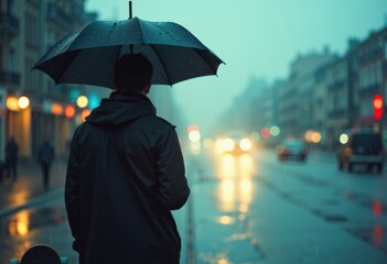 Man with umbrella walking on rainy city street during evening with blurred lights