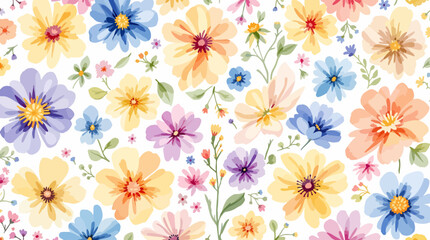 Seamless watercolor floral pattern with colorful wildflowers, leaves, plants and flying butterflies.