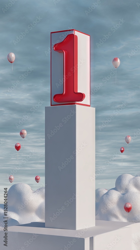 Poster 3d illustration of a large red number one on a white pedestal surrounded by soft clouds and colorful