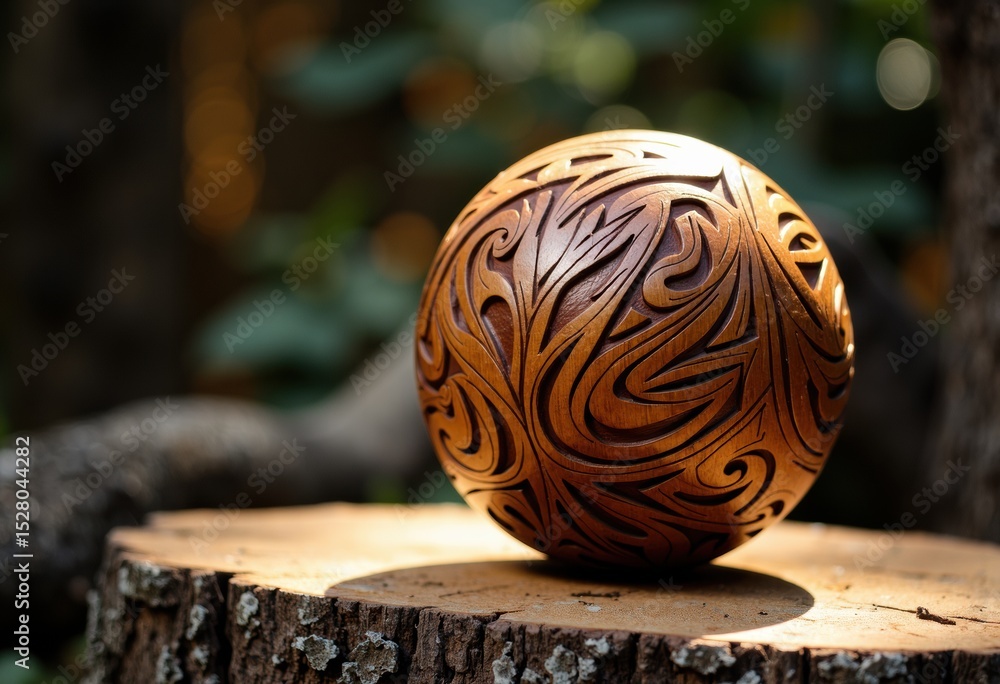 Poster hand-carved wooden sphere with intricate patterns resting on a tree stump in natural light