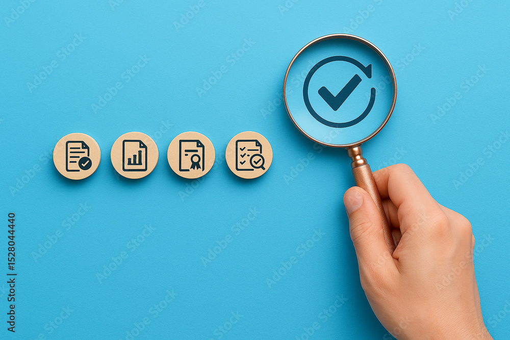 Aufkleber document quality control audit checklist with magnifying glass on blue background for iso certificat