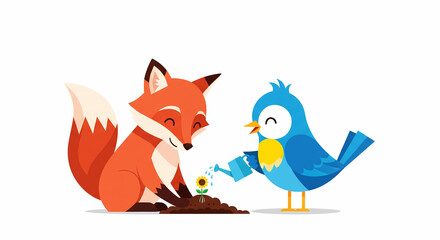 Obraz premium Cute Fox and Bird Planting Sunflower - Nature Gardening